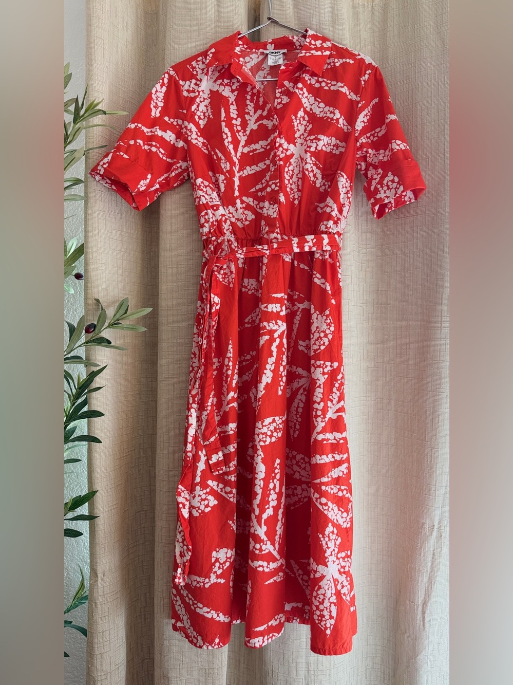 DKNY Red and White Printed Maxi Dress with Belt